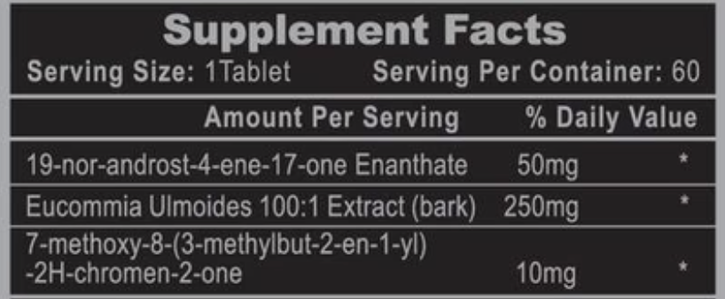 Supplement facts label for Osta-Plex by Hi-Tech Pharmaceuticals, detailing a serving size of one tablet with ingredients including 50mg of 19-nor-androst-4-ene-17-one enanthate, 250mg of Eucommia ulmoides extract, and 10mg of 7-methoxy-8-(3-methylbut-2-en-1-yl)-2H-chromen-2-one