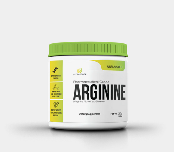 White and green jug of Nutraforce Arginine.