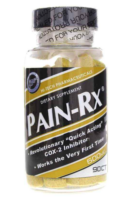 Clear bottle with black and yellow label of Hi-Tech Pain RX.
