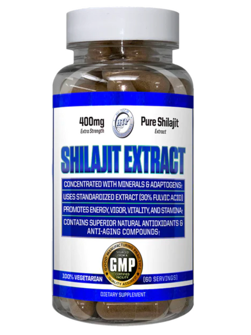 Clear bottle with blue and white label of Hi-Tech Shilajit Extract.