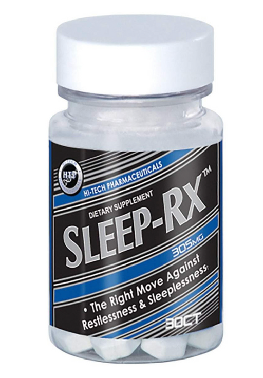 Clear bottle with a black and blue Hi-Tech Sleep-RX Label.