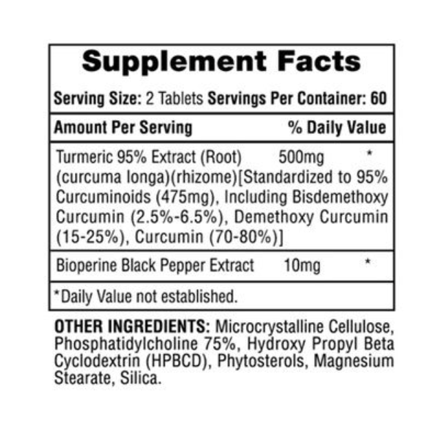 Supplement Facts label of Hi-Tech Turmeric 95. 
