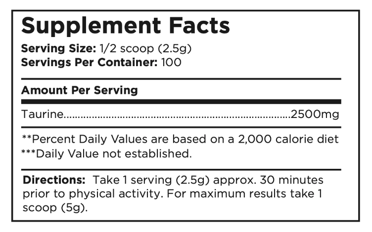 Supplement Fact label of NutraForce Taurine. 