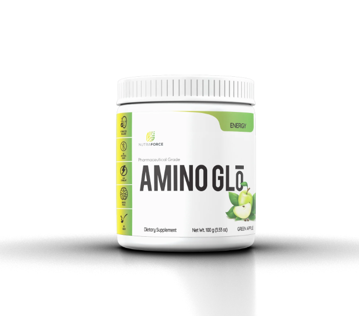 Green and white jug of NutraForce Amino Glo.