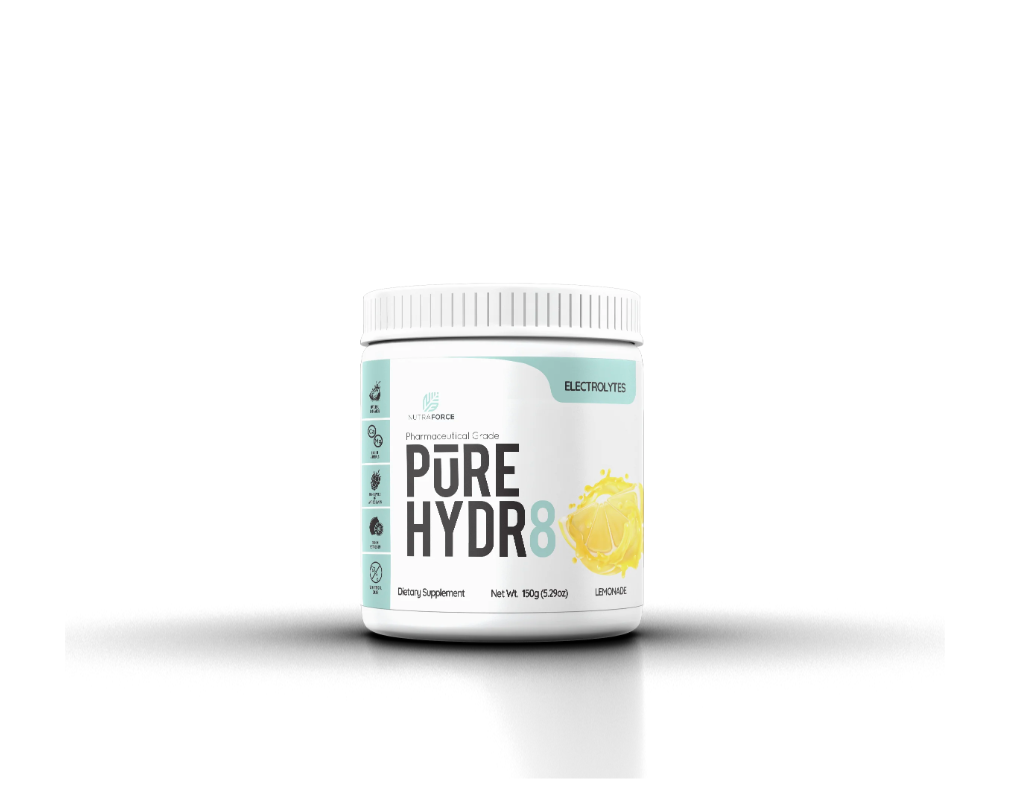 Blue and white jug depicting lemonade of NutraForce Pure Hydr8. 