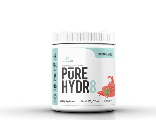 Blue and white jug depicting a strawberry of NutraForce Pure Hydr8. 