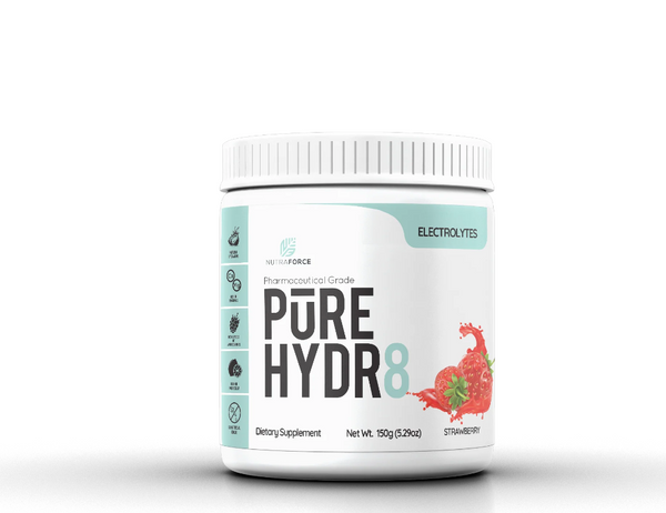 Blue and white jug depicting a strawberry of NutraForce Pure Hydr8. 