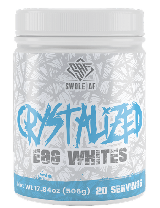 Blue, white, and foil jug of Swole AF Crystalized Egg Whites - 506g.