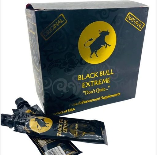 Black and Gold box of Black Bull Extreme Male Enhancement Supplements.