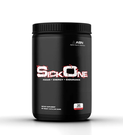 Black container of ASN Sick One Pre Workout supplement with 30 servings for focus, energy, and endurance enhancement.