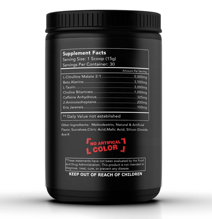 ASN Sick One Pre Workout label detailing supplement facts, including L-Citrulline, Beta Alanine, and Caffeine, with a no artificial color claim.