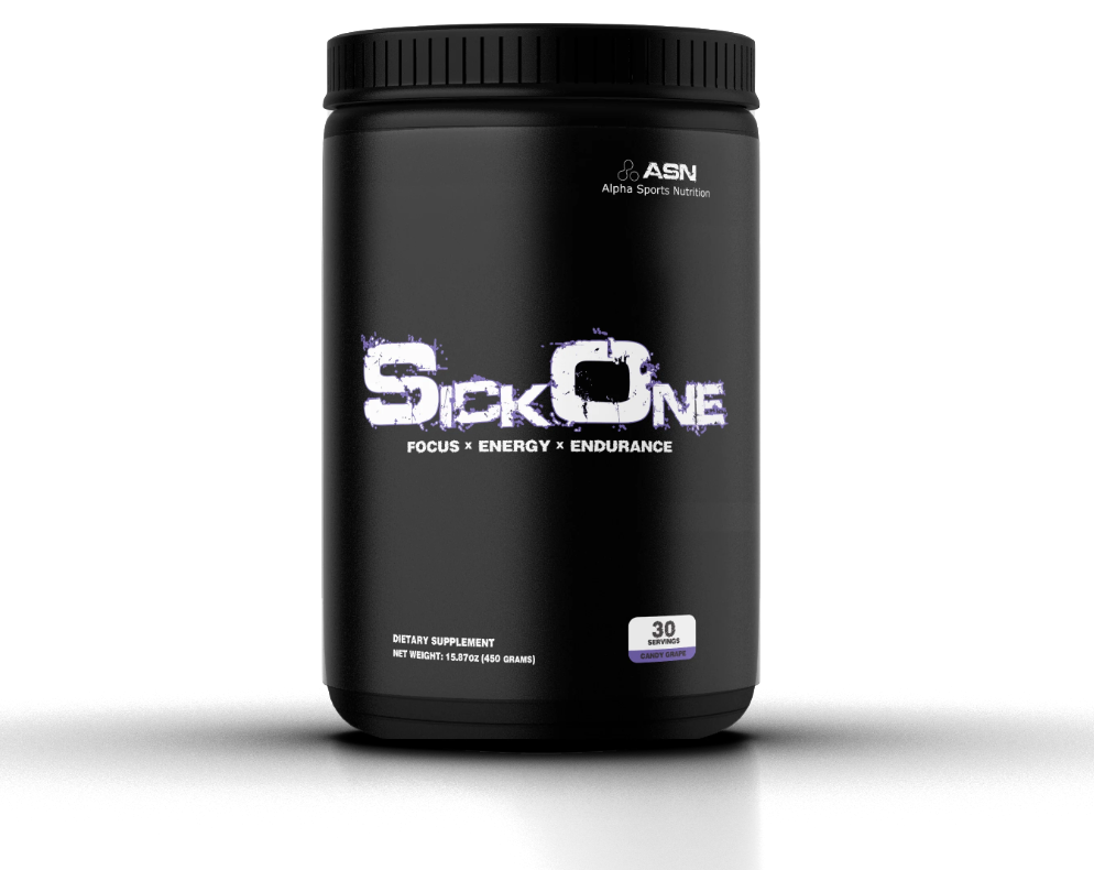 Black container of ASN Sick One Pre Workout supplement with 30 servings for focus, energy, and endurance enhancement.