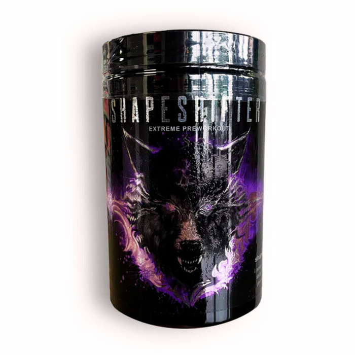 Shape Shifter Extreme Pre-Workout in Night Candy flavor by Vantage Black Supplements, showing a wolf with purple highlights on a dark background.