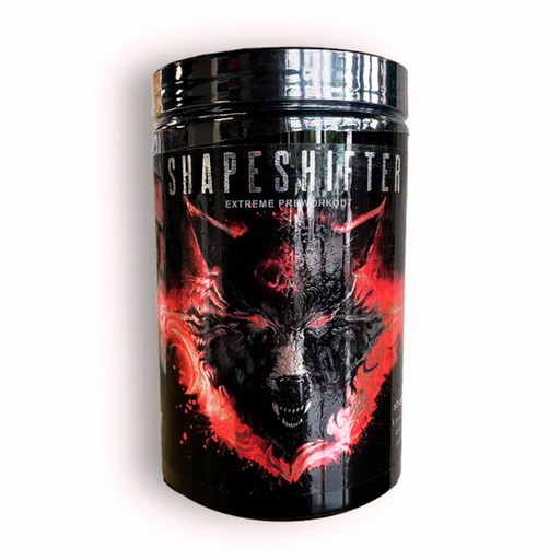 Shape Shifter Extreme Pre-Workout supplement container by Vantage Black Supplements, featuring an intense design with a fierce wolf surrounded by red and black colors.