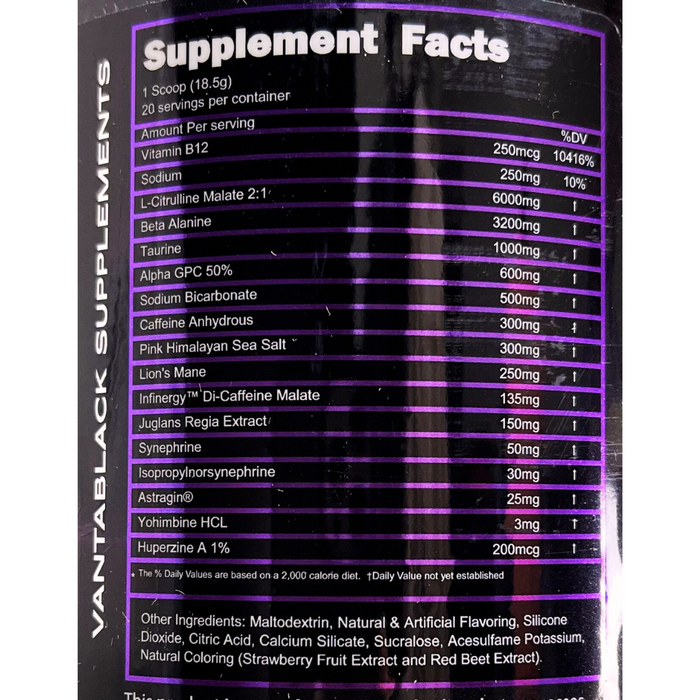 Supplement Facts label for Shape Shifter Extreme Pre-Workout by Vantage Black Supplements, listing ingredients and dosages for the product.