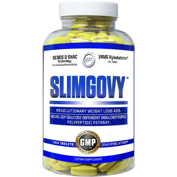 Slimgovy supplement bottle with yellow tablets on a white background