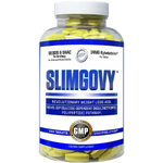 Slimgovy supplement bottle with yellow tablets on a white background