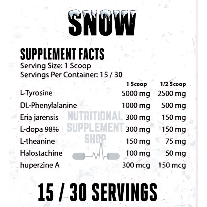 The supplement facts label for Snow Dopamine Powerhouse, showing detailed ingredient breakdown per serving, including L-Tyrosine, DL-Phenylalanine, Eria Jarensis, L-Dopa 98%, L-Theanine, Halostachine, and Huperzine-A.