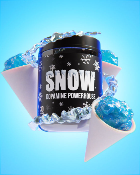 A stylized promotional image of the Snow Dopamine Powerhouse supplement, surrounded by icy blue snow cones, emphasizing its cool and refreshing theme.