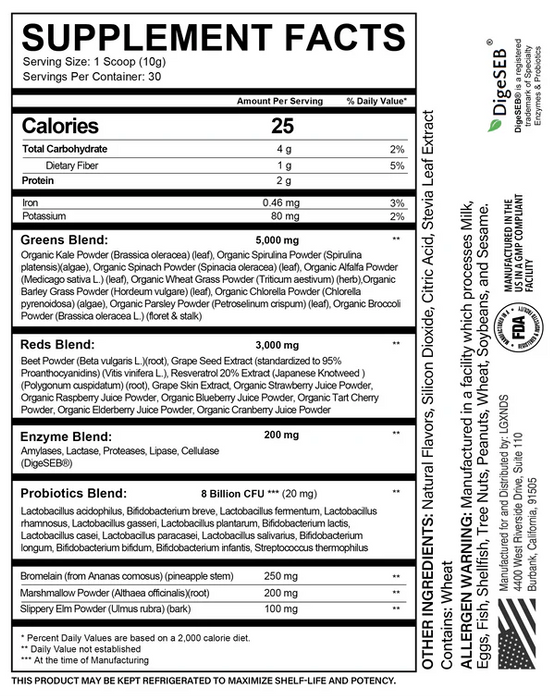 Supplement facts for LGXNDS Complete Greens + Superfoods, detailing greens, reds, probiotics, and digestive enzymes.