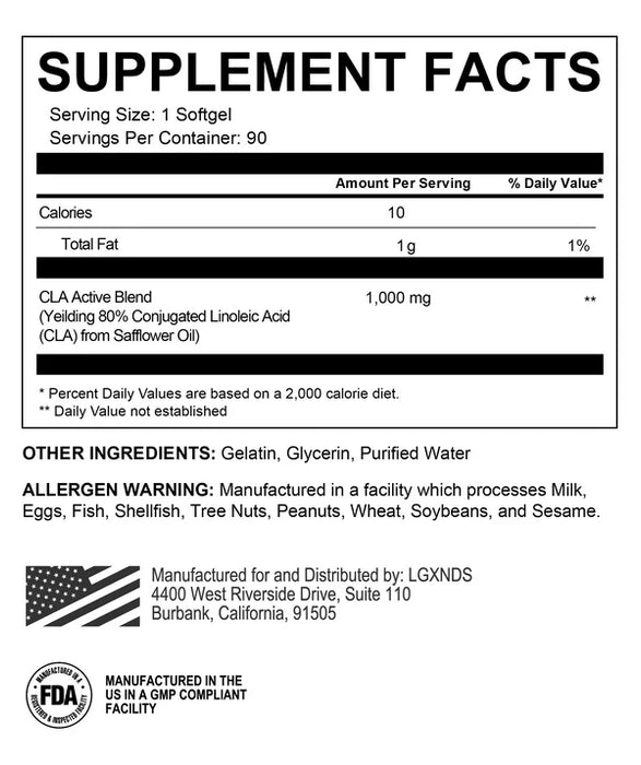 Supplement facts for LGXNDS CLA 1X, detailing 1000 mg CLA Active Blend per serving.