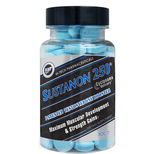Bottle of Hi Tech Pharmaceuticals Sustanon 250 with blue tablets in a clear bottle with a black, blue, and silver label.