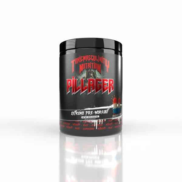 Pre-workout supplement container with &#39;Pillager&#39; branding on a white background