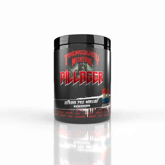 Pre-workout supplement container with 'Pillager' branding on a white background