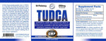 Supplement label for TUDCA with text and logos on a blue background
