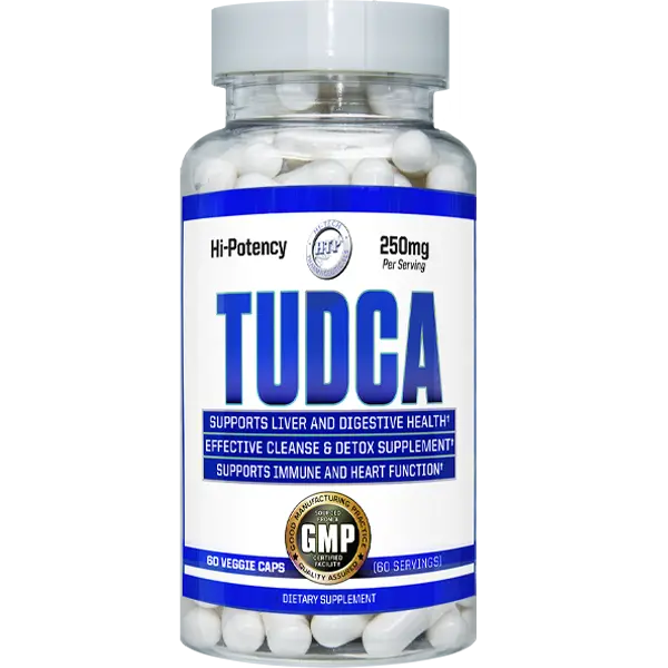 Supplement bottle labeled 'TUDCA' with white capsules on a white background
