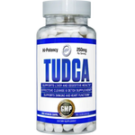 Supplement bottle labeled 'TUDCA' with white capsules on a white background