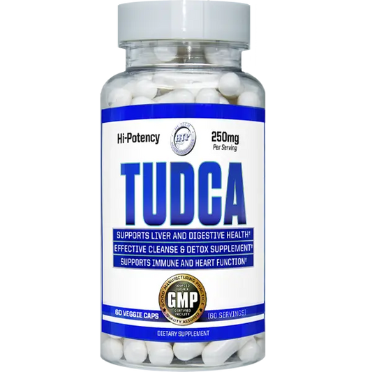 Supplement bottle labeled 'TUDCA' with white capsules on a white background