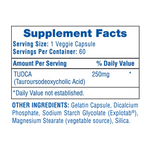 Supplement facts label for a product containing TUDCA with serving size and container details.