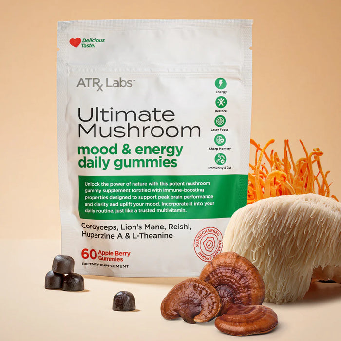 The front of the ATRX Labs Ultimate Mushroom Gummies packaging. The label highlights the product as "Ultimate Mushroom Mood & Energy Daily Gummies" with Cordyceps, Lion’s Mane, Reishi, Huperzine A, and L-Theanine as key ingredients. The packaging also lists benefits such as energy, restore, laser focus, sharp memory, and immunity. The flavor is Apple Berry, with 60 gummies included.