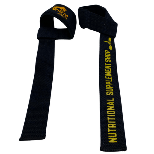 Weight Lifting Wrist Straps - black with yellow and orange writing