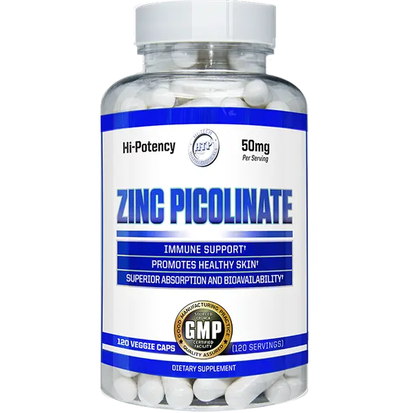Supplement bottle labeled 'Zinc Picolinate' with white pills on a white background