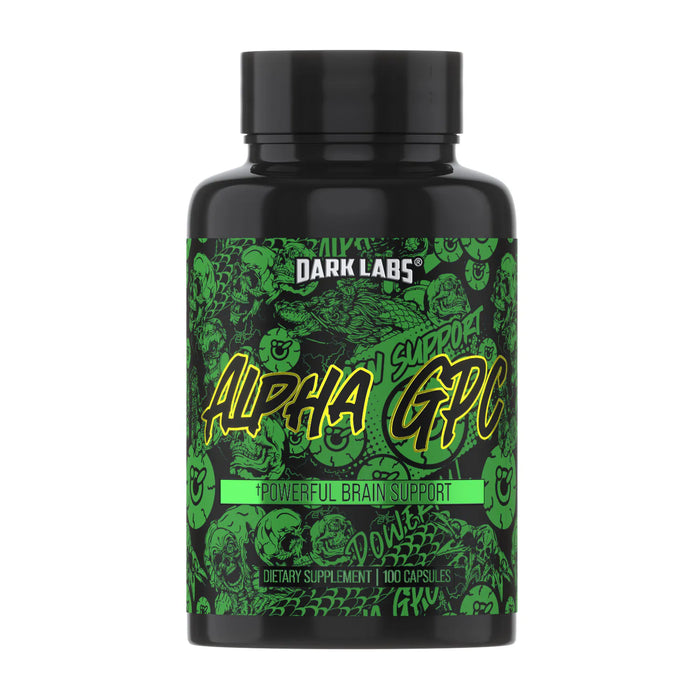 Front Image of Dark Labs Alpha GPC: A front view of the Dark Labs Alpha GPC bottle, featuring a green and black label design with the product name "Alpha GPC" and the description "Powerful Brain Support," containing 100 capsules.