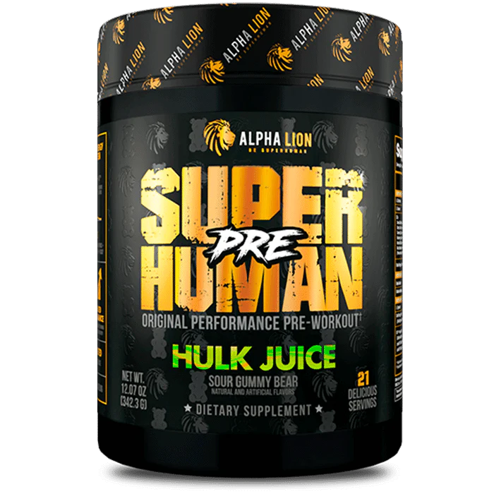 Alpha Lion Superhuman Pre Original Performance Pre-Workout container in the Hulk Juice flavor (Sour Gummy Bear). The container is black with yellow and white text, featuring the Alpha Lion logo. It states '21 Delicious Servings' and highlights that it is a dietary supplement.