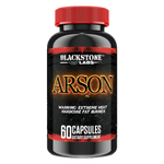 Black bottle with red cap of blackstone labs arson fat burning supplement. the label shows the word arson surrounded by flames