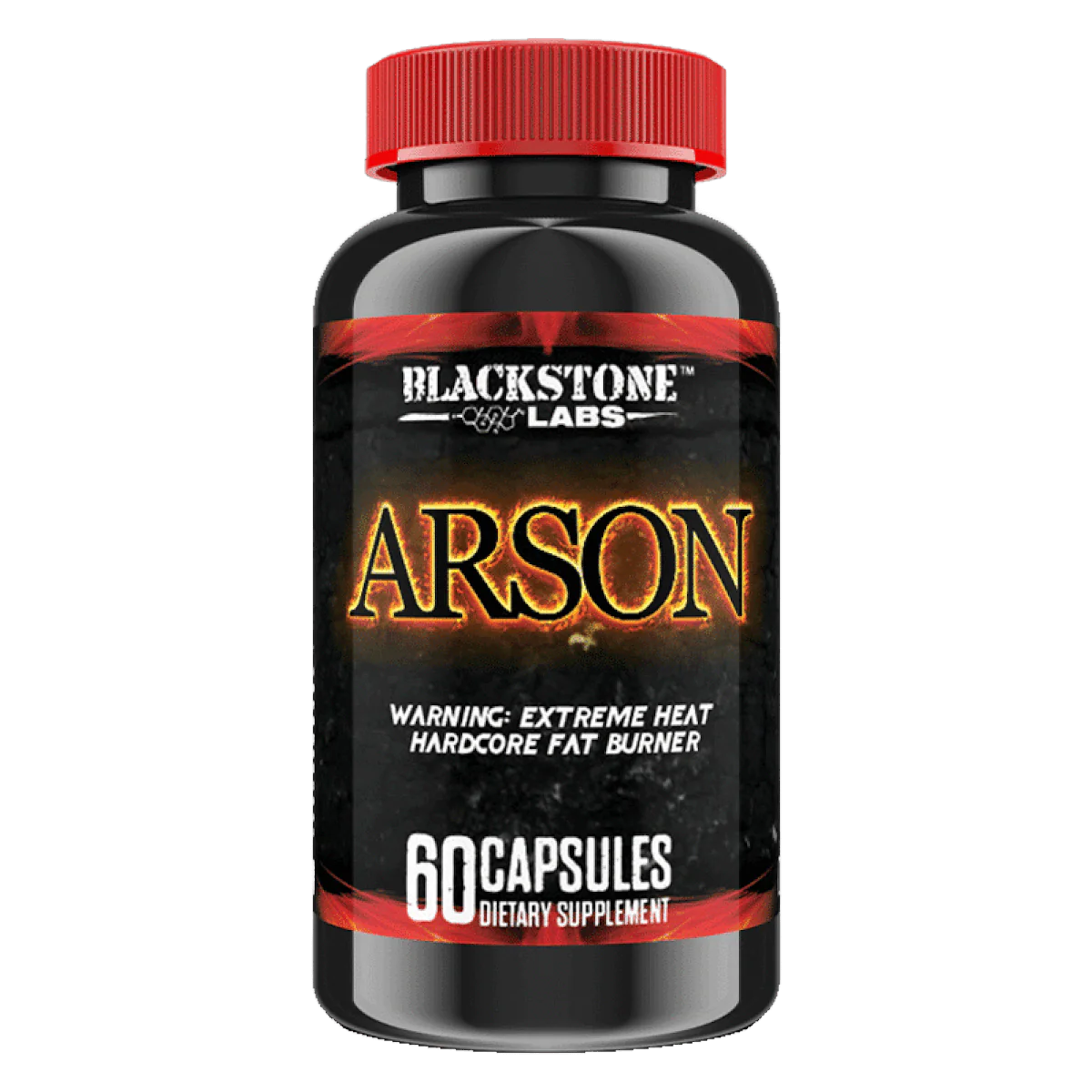 Black bottle with red cap of blackstone labs arson fat burning supplement. the label shows the word arson surrounded by flames