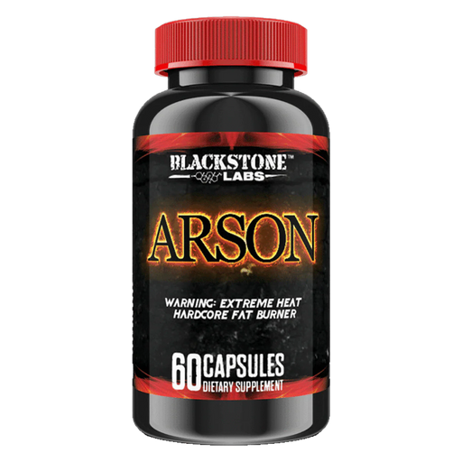 Black bottle with red cap of blackstone labs arson fat burning supplement. the label shows the word arson surrounded by flames