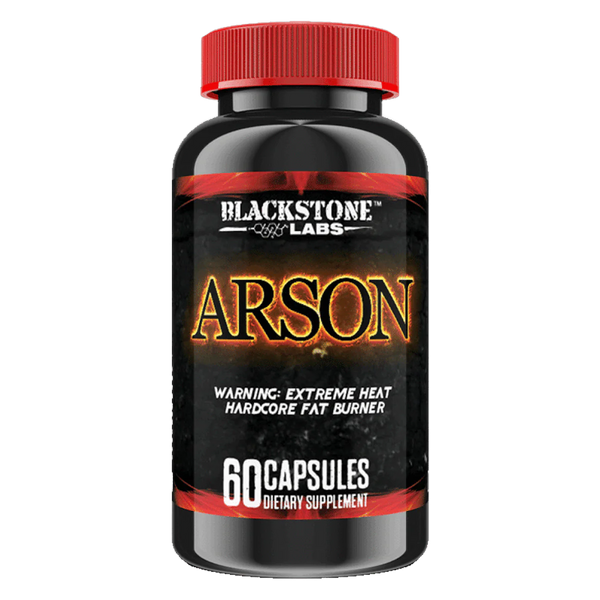 Black bottle with red cap of blackstone labs arson fat burning supplement. the label shows the word arson surrounded by flames
