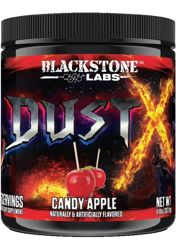Blackstone Labs Dust X pre-workout supplement in Candy Apple flavor, featuring a fiery design and 25 servings per container.