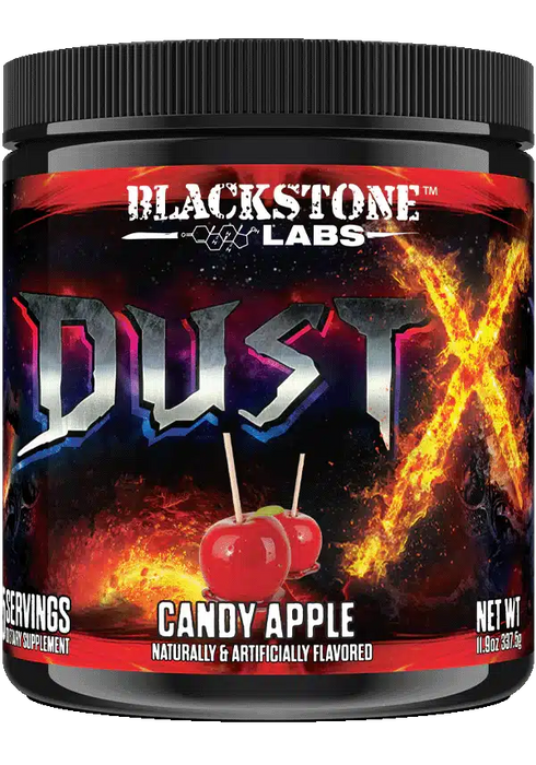 Blackstone Labs Dust X pre-workout supplement in Candy Apple flavor, featuring a fiery design and 25 servings per container.