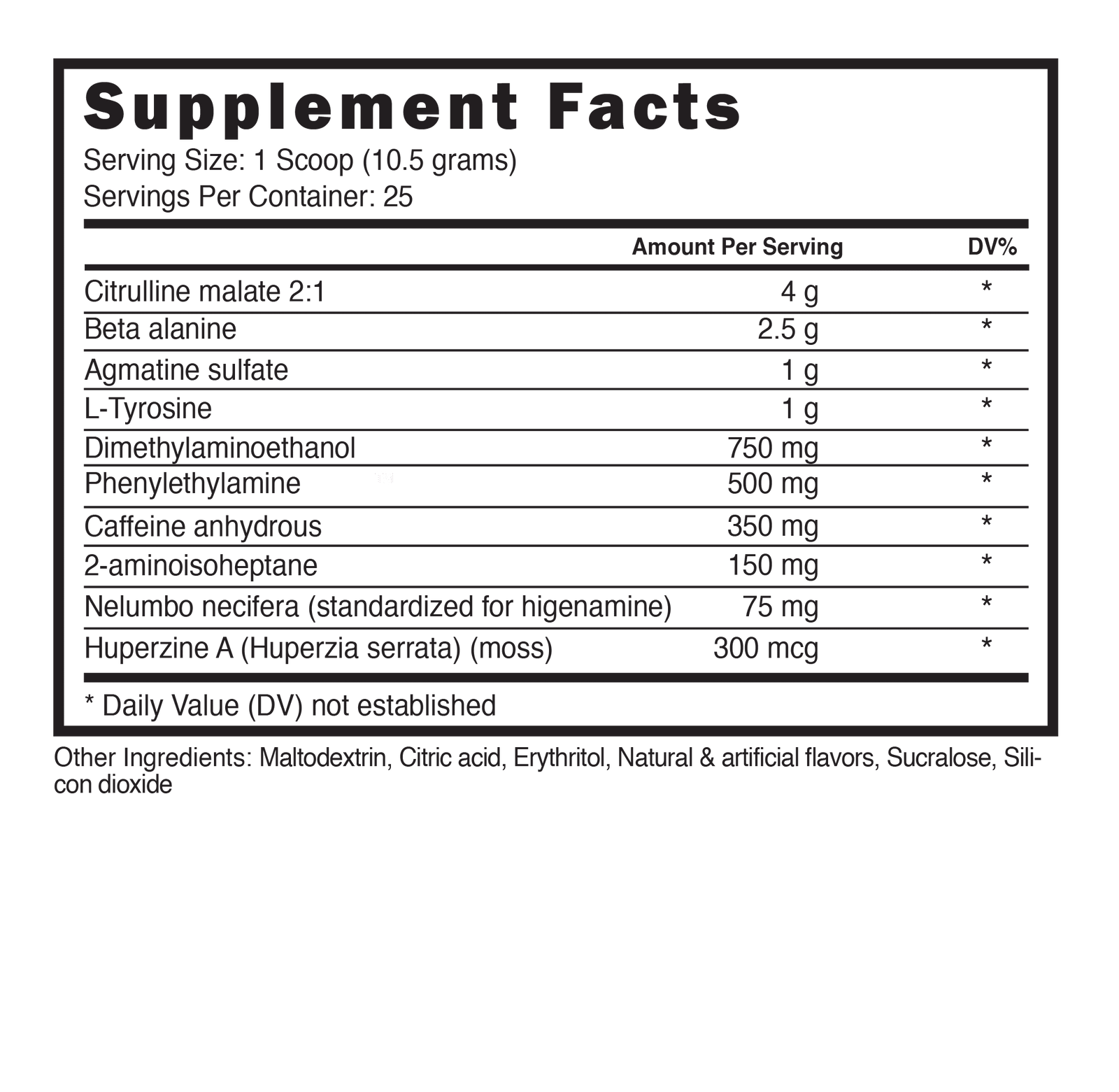 Supplement facts label for Blackstone Labs Dust X pre-workout, detailing ingredients such as Beta-Alanine, L-Citrulline Malate, and Agmatine Sulfate.