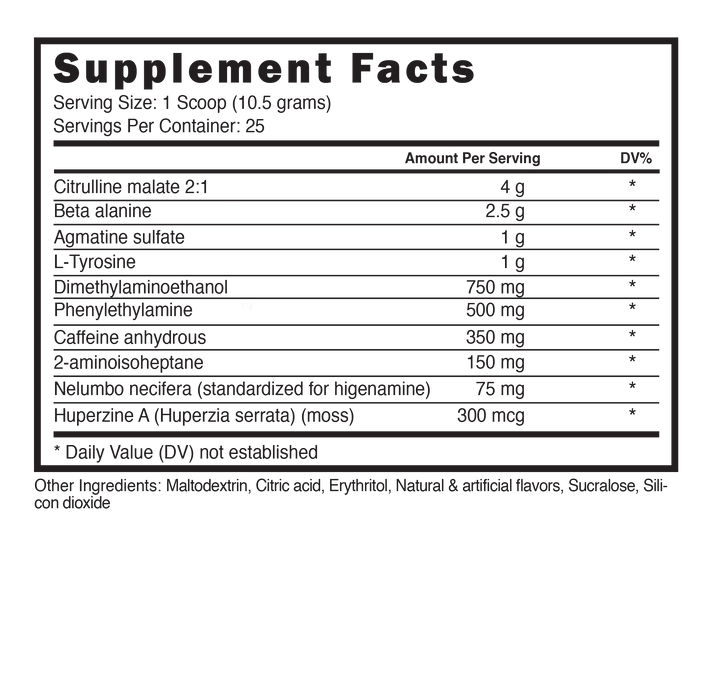 Supplement facts label for Blackstone Labs Dust X pre-workout, detailing ingredients such as Beta-Alanine, L-Citrulline Malate, and Agmatine Sulfate.