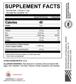 Supplement facts for LGXNDS Collagen + Skin Renew, showing 11,000 mg collagen peptides and 40 mg HydroPeach® per serving.