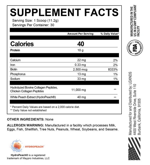 Supplement facts for LGXNDS Collagen + Skin Renew, showing 11,000 mg collagen peptides and 40 mg HydroPeach® per serving.