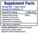 Supplement facts label for a veggie capsule with Rhodiola Rosea Extract.