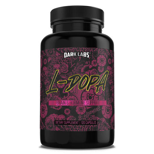 Dark Labs L-DOPA supplement bottle, featuring a dark background with purple and yellow text that reads 'L-DOPA' and 'Brain & Hormone Support.' The bottle contains 120 capsules.